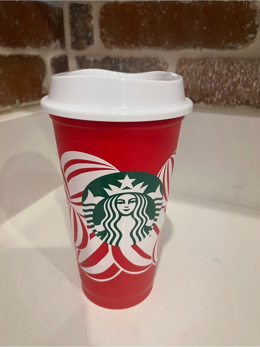 Starbucks Red Cup with White Lid and Green Logo